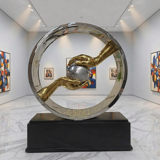 Sculpture en métal avec main, décoration extérieure de parc de jardin, boule en acier inoxydable, offre spéciale