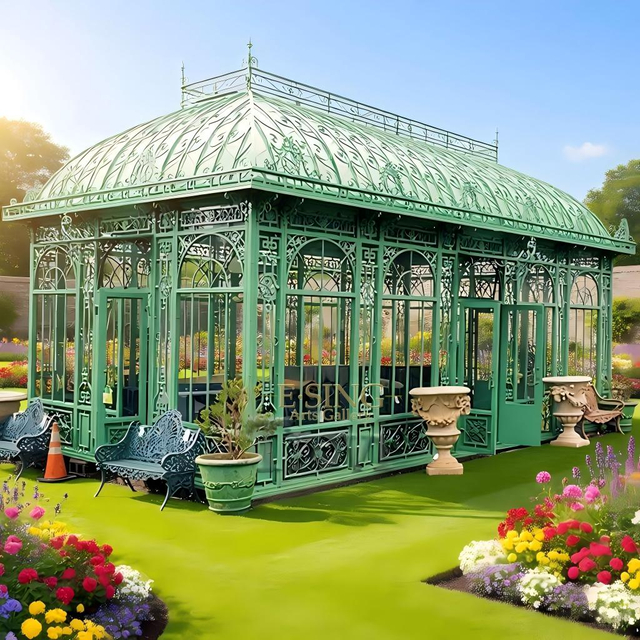 Pavillon de fer en verre de maison verte rectangulaire de jardin extérieur