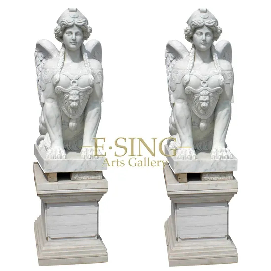 Antique grande pierre de marbre extérieure sculptée animal avec statue de jardin visage de femme
